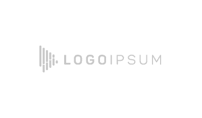 Gray geometric logo with parallel lines forming a play button shape, followed by the text "LOGO IPSUM" in capital letters on a light gray background.