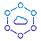 Blue outline of a cloud surrounded by six connected circles, forming a hexagonal network pattern on a light background.