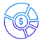 Blue gradient pie chart with five segments and a dollar sign in the center, representing financial distribution or budgeting.