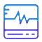 Icon of a medical monitor displaying a heart rate graph with a jagged blue line on a rectangular screen.