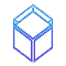 Blue gradient outline of a 3D cube with transparent faces, viewed from an angle showing three visible sides.