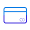 Simple blue outline of a credit card with a chip icon on the lower right, displayed on a light background.