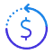 Blue dollar sign with an arrow circling counterclockwise around it, suggesting a refund or money-back concept.