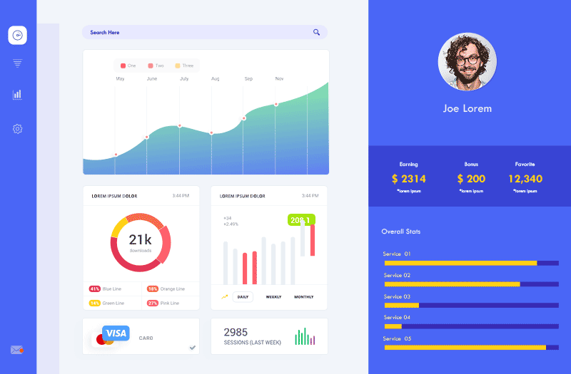 Dashboard interface displaying user profile, statistics charts, earnings, and overall stats with side navigation and search bar. Profile info and metrics are shown on a blue sidebar.