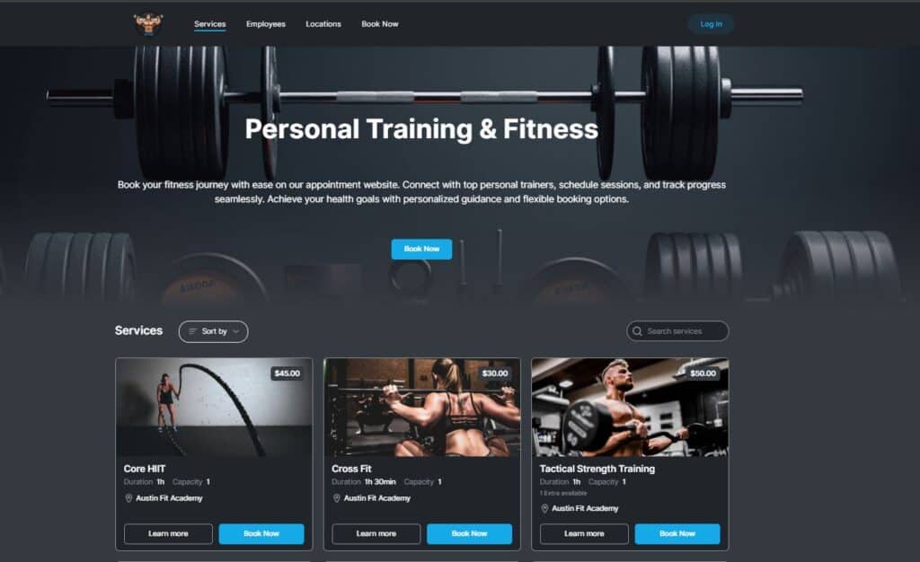 Website homepage for a personal training and fitness service, featuring class options, prices, and a barbell image in the background.