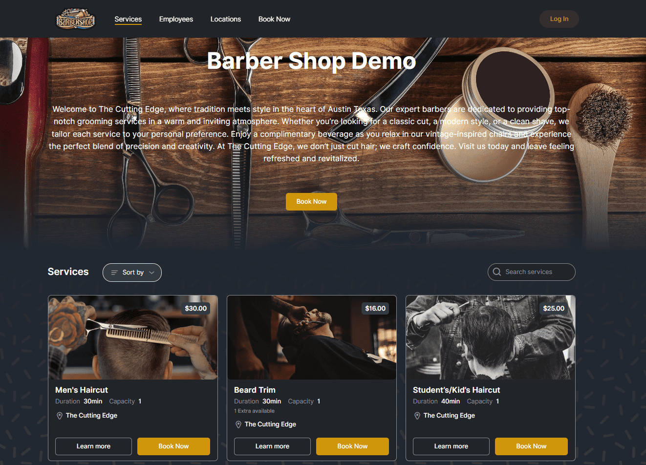 Screenshot of a barber shop website featuring a header, intro text, “Book Now” buttons, and service options for men's haircut, beard trim, and children’s haircut with prices and durations.