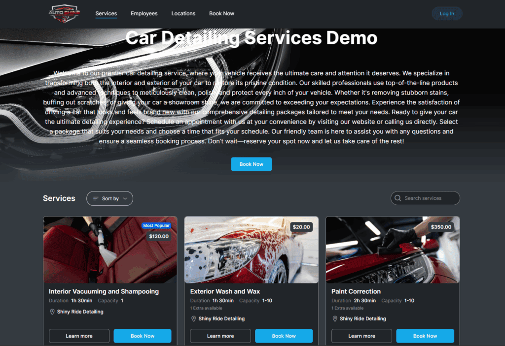 A car detailing service demo webpage displaying a header, service description, and three service options: Interior Vacuuming, Exterior Wash and Wax, and Paint Correction with images and prices.