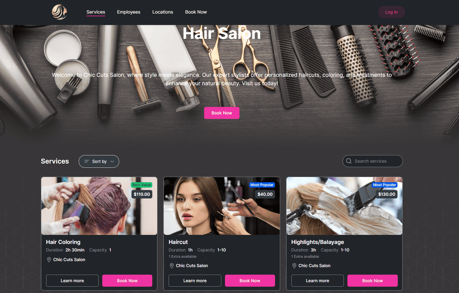 A hair salon website shows hair styling tools at the top and lists services like hair coloring, haircuts, and highlights with prices, duration, and booking options.