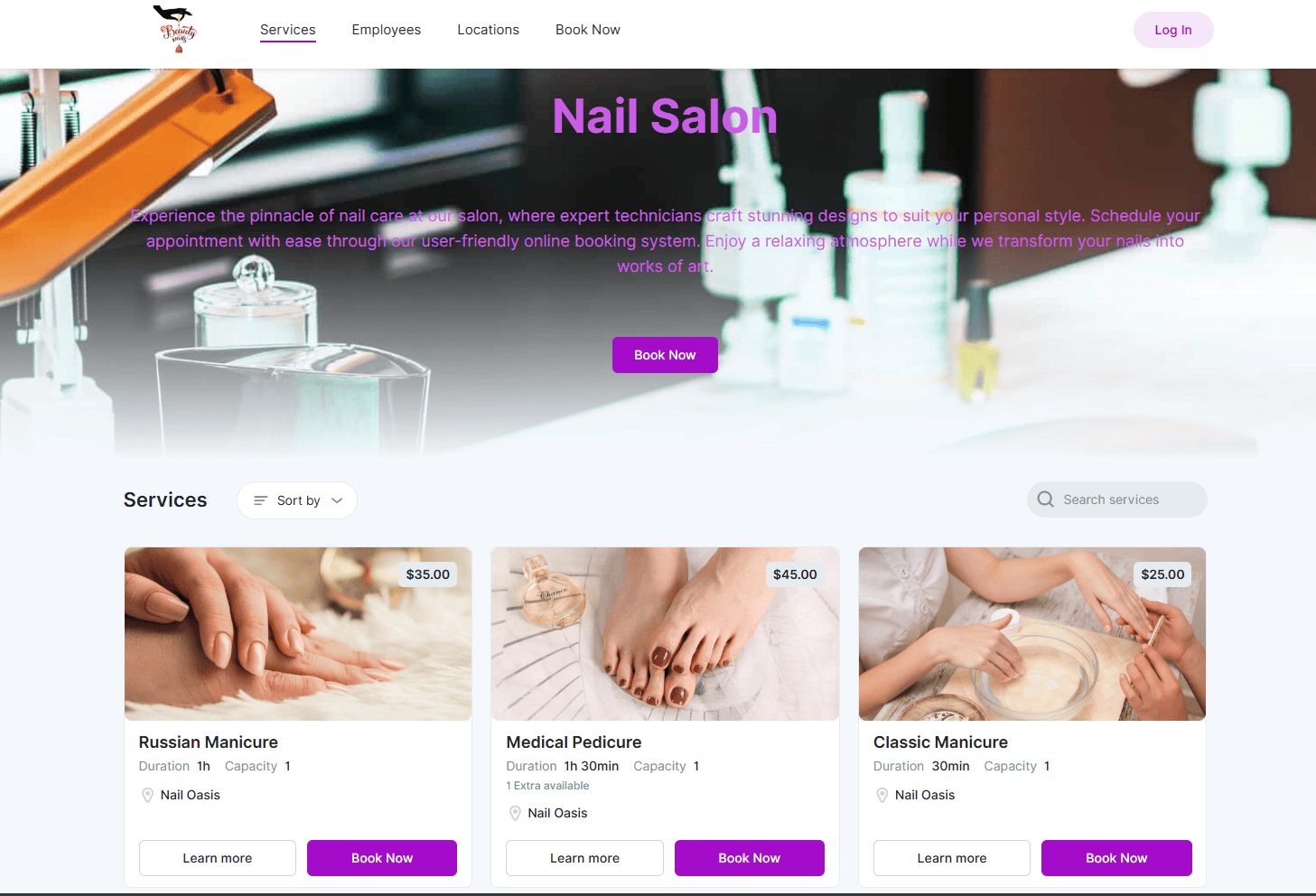 Screenshot of a nail salon website showing service options for manicures and pedicures, pricing, durations, and booking buttons, with a navigation menu at the top.