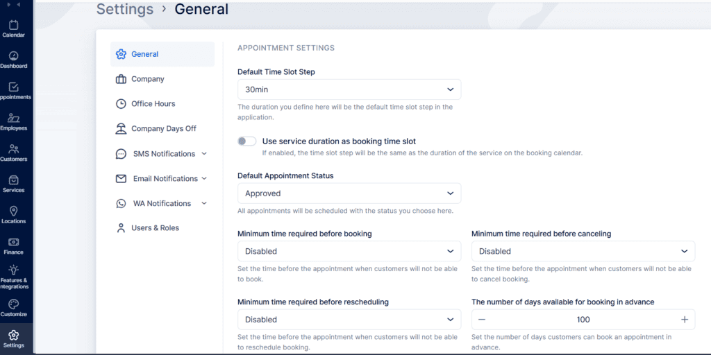 Screenshot of an appointment settings page showing options for default time slot, service duration, approval status, booking and cancellation times, and available booking slots.