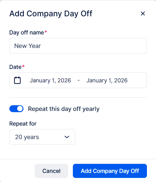 Form interface for adding a company day off named "New Year" on January 1, 2026, set to repeat yearly for 20 years, with cancel and add buttons at the bottom.