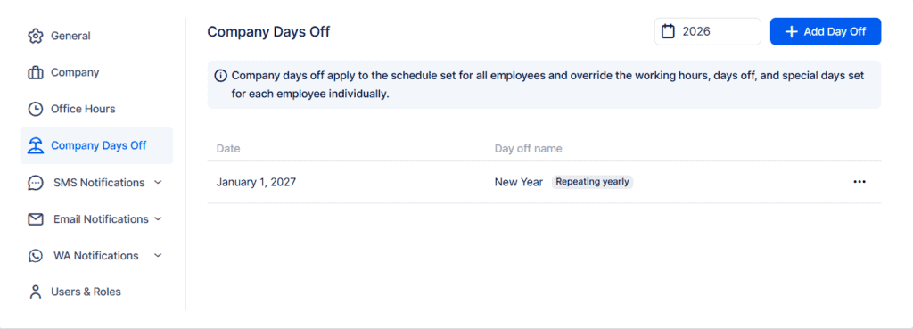 Screenshot of a "Company Days Off" settings page showing New Year’s Day off on January 1, 2027, with options to add or edit days off and a sidebar menu for navigation.