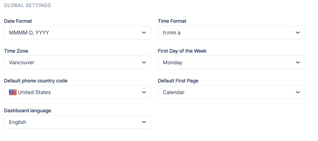 A settings page showing options for date format, time format, time zone, first day of the week, default phone country code, default first page, and dashboard language.