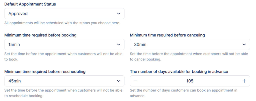 Screenshot of appointment booking settings with dropdowns for default status, booking limits, canceling, rescheduling times, and days available for advance booking.