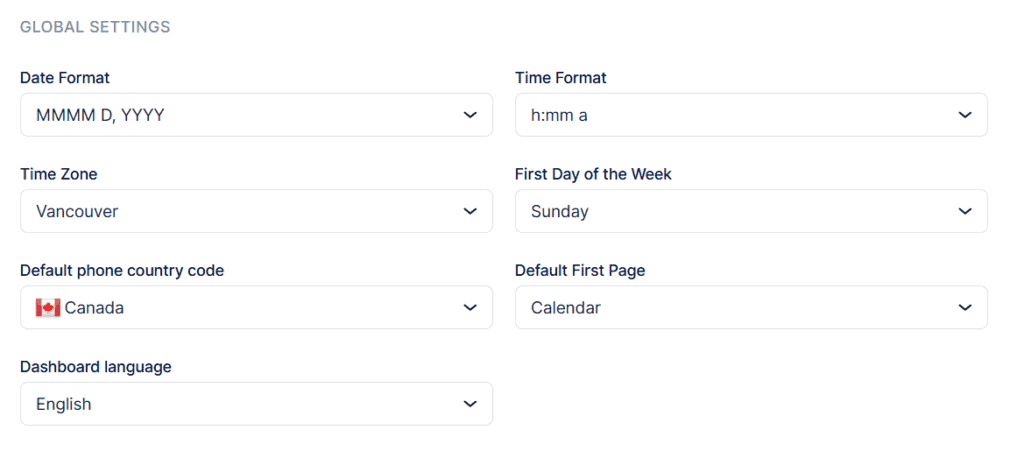 A global settings menu showing options for date and time format, time zone, first day of the week, country code, first page, and dashboard language.