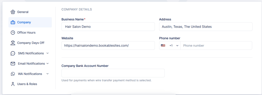 A form for company details is displayed, showing fields for business name, address, website, phone number, and company bank account number, filled with sample data for a hair salon.