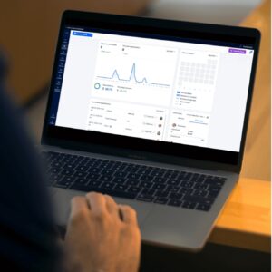 A person uses a laptop displaying the Basic Plan dashboard with graphs, charts, and statistics on the screen.