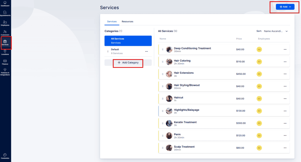 Screenshot of a services management page showing a list of salon services and their prices, with "Add Category" and "+ Add" buttons highlighted.