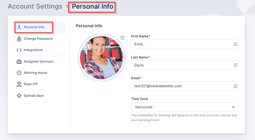 Screenshot of an account settings page showing the "Personal Info" section with fields for first name, last name, email, and time zone filled out.