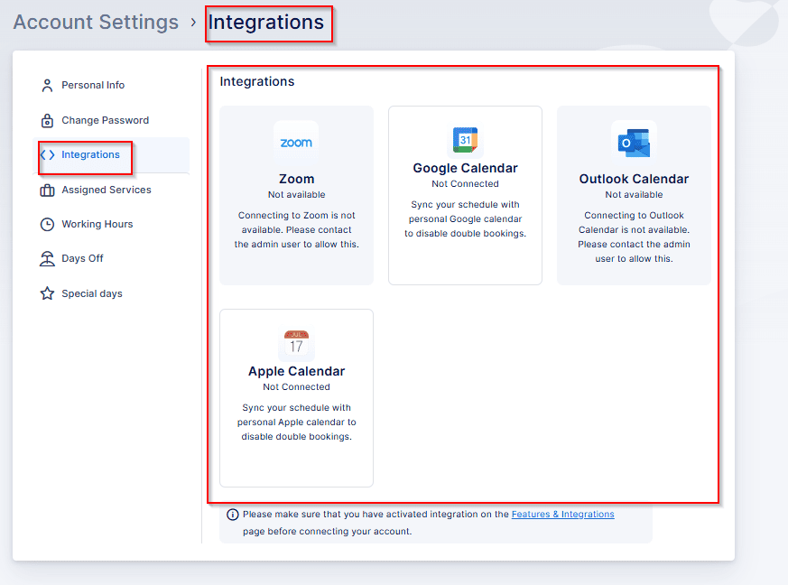 Screenshot of the Integrations tab in account settings, showing unavailable Zoom, Google Calendar, Outlook Calendar, and Apple Calendar integrations.