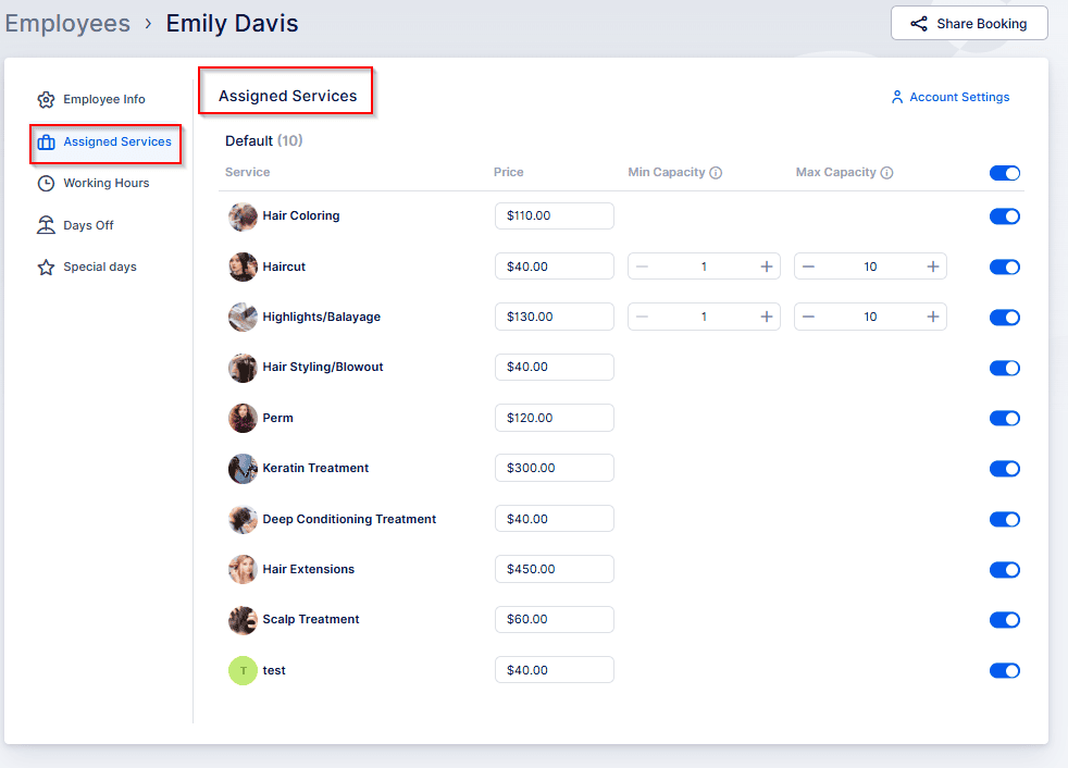 A dashboard view showing the "Assigned Services" tab for employee Emily Davis, listing various hair services, prices, and settings for minimum and maximum capacity per service.