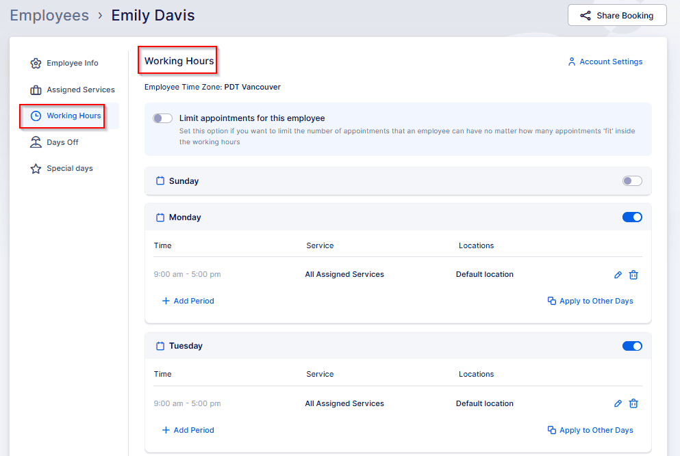 A scheduling interface displays employee Emily Davis’s working hours settings, with options to set available times, services, and locations for each weekday.