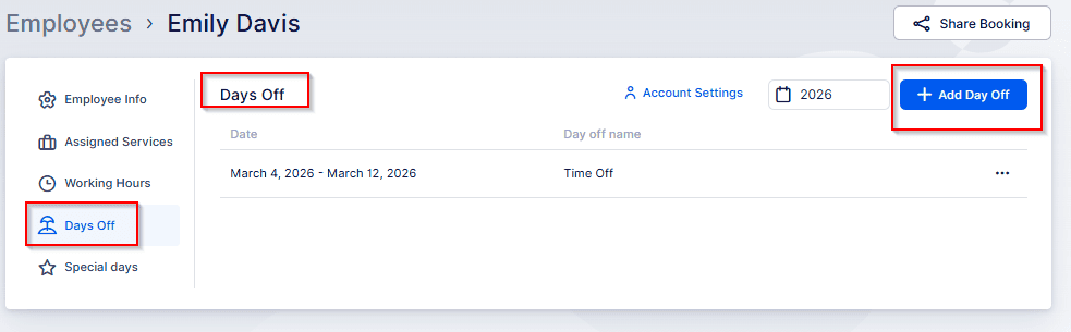 Screenshot of an employee management system showing the "Days Off" tab for Emily Davis, with one time off entry listed and an "Add Day Off" button.