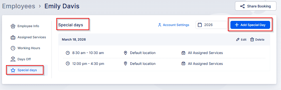 Screenshot of an employee management interface showing the "Special days" section for Emily Davis, with options to add or edit special days and view assigned services and times.