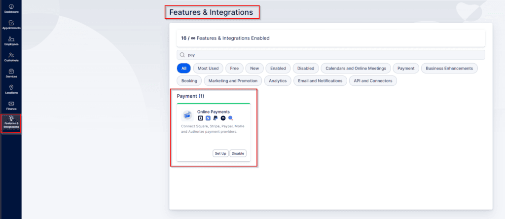 Screenshot of a software interface showing the "Features & Integrations" page with the "Online Payments" option highlighted under the Payment section.