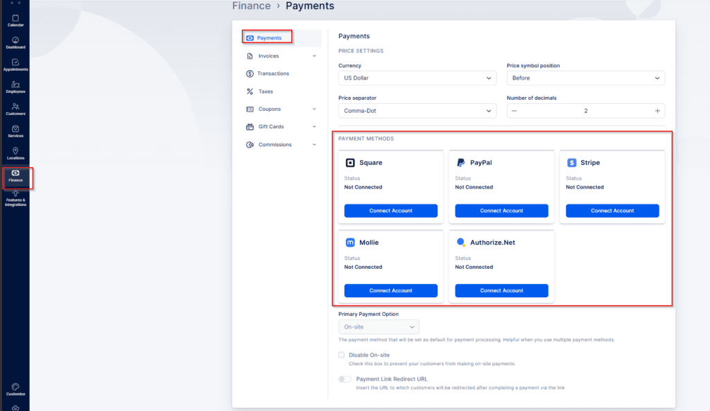 Screenshot of a Payments settings page showing available payment methods: Square, PayPal, Stripe, Mollie, and Authorize.Net, all listed as not connected.