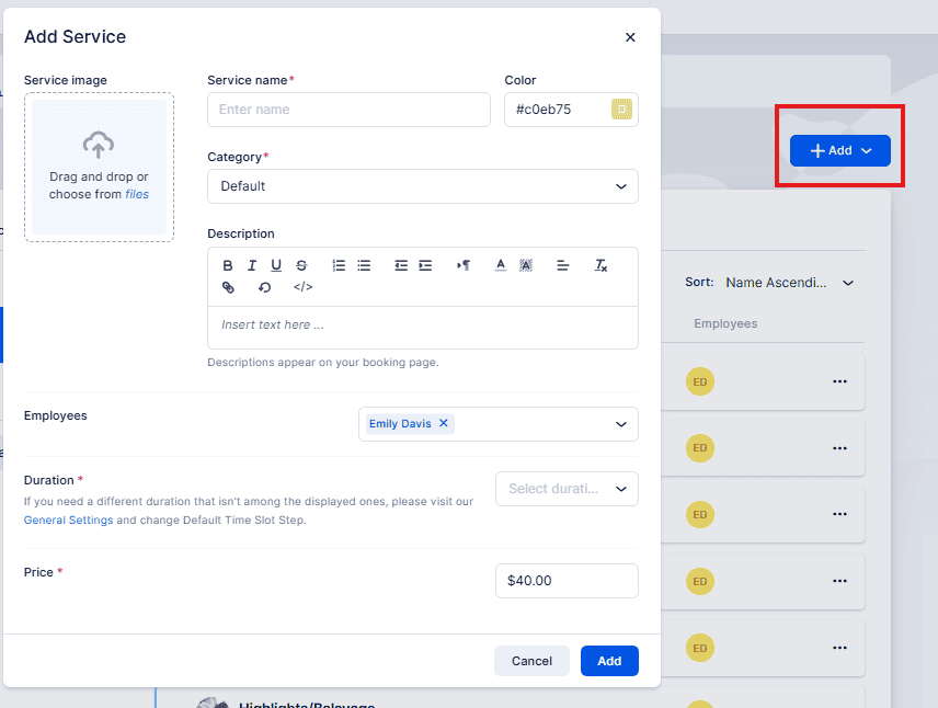 A service creation form is open on a website, with fields for service name, category, description, price, and employees. The "+ Add" button is highlighted in the upper right corner.