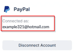 PayPal account connected with the email example321@hotmail.com; a "Disconnect Account" button is visible below.
