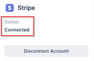 Screenshot showing Stripe account status as "Connected" with a "Disconnect Account" button below.