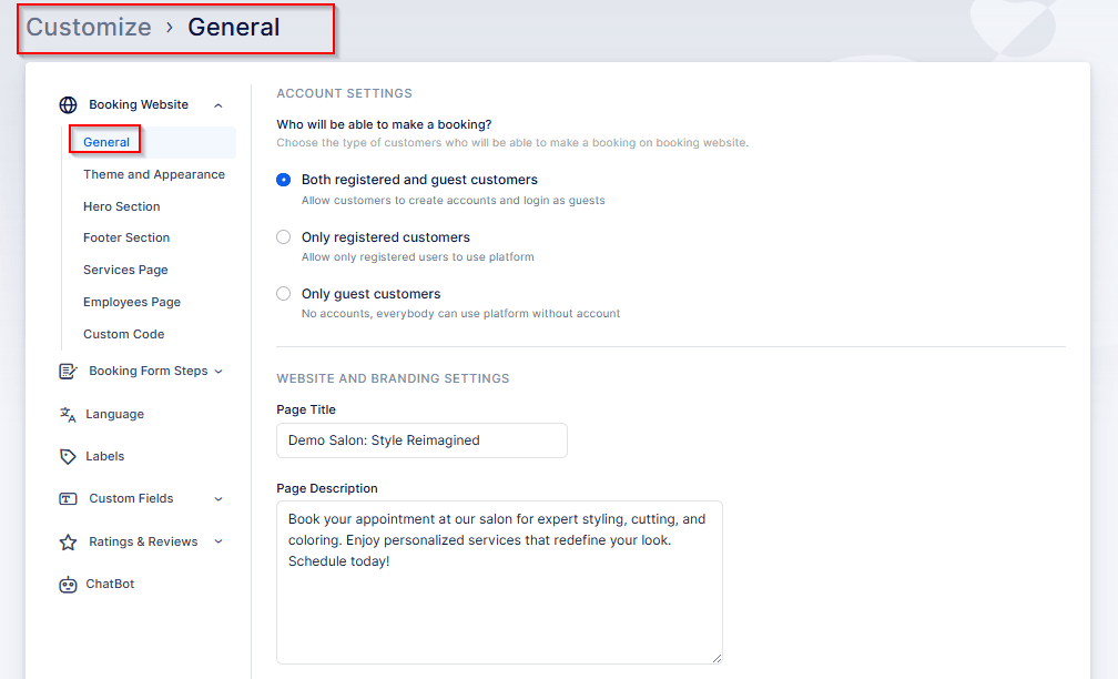 Screenshot of a website customization page under "General" settings, showing booking options and website branding settings for a demo salon.