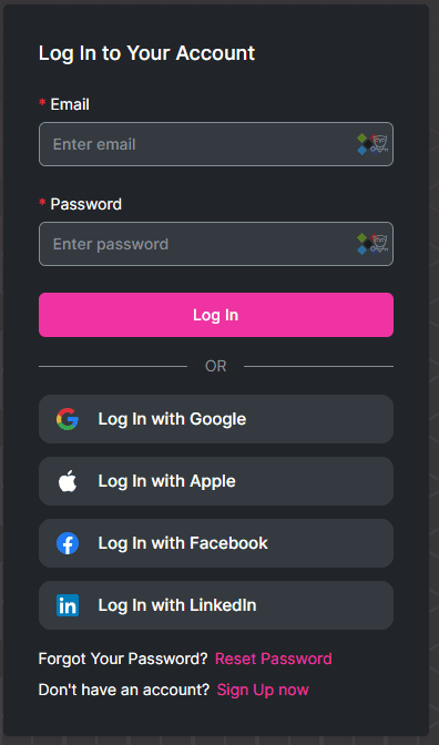 Login screen with fields for email and password, a pink "Log In" button, options to log in with Google, Apple, Facebook, or LinkedIn, and links for password reset and sign up.