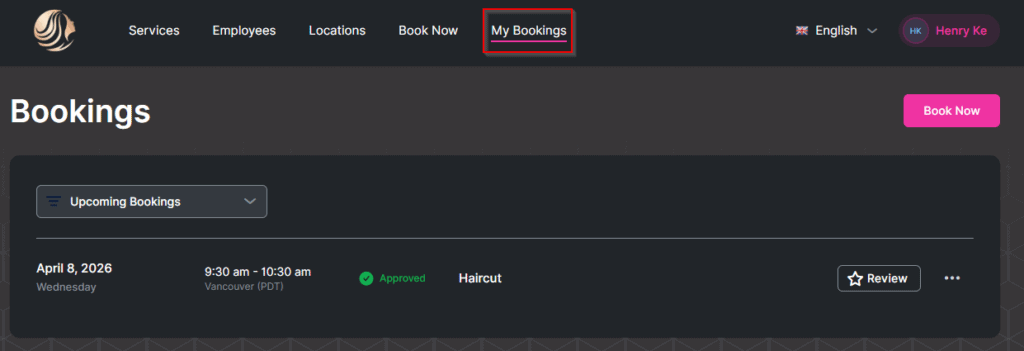 A user’s "My Bookings" page displays an upcoming haircut appointment on April 8, 2026, from 9:30 to 10:30 am, with status approved.