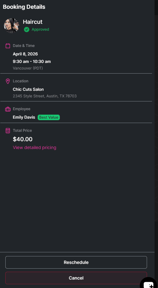 Booking details for a haircut at Chic Cuts Salon in Austin, scheduled for April 8, 2026, 9:30-10:30 am with employee Emily Davis. Total price is $40.00.
