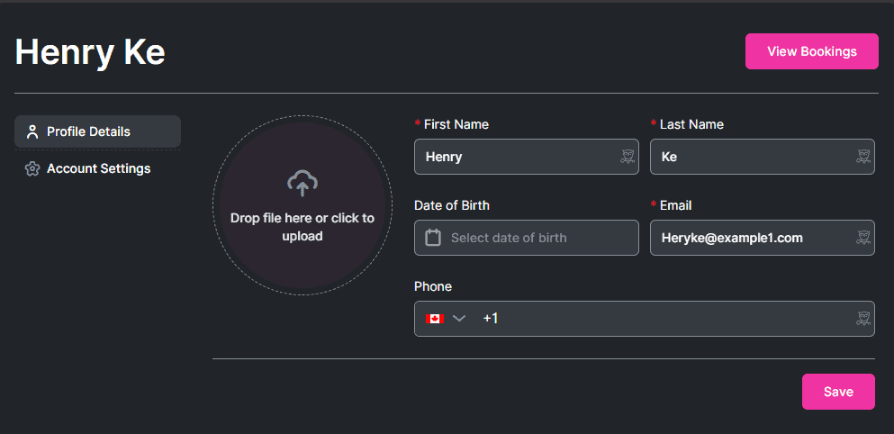 Profile settings page showing fields for first name, last name, date of birth, email, phone number, and an option to upload a profile photo. "View Bookings" and "Save" buttons are visible.