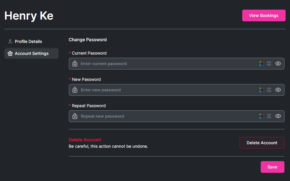 Account settings screen for user Henry Ke, displaying options to change password and delete account, with buttons to save changes or view bookings.