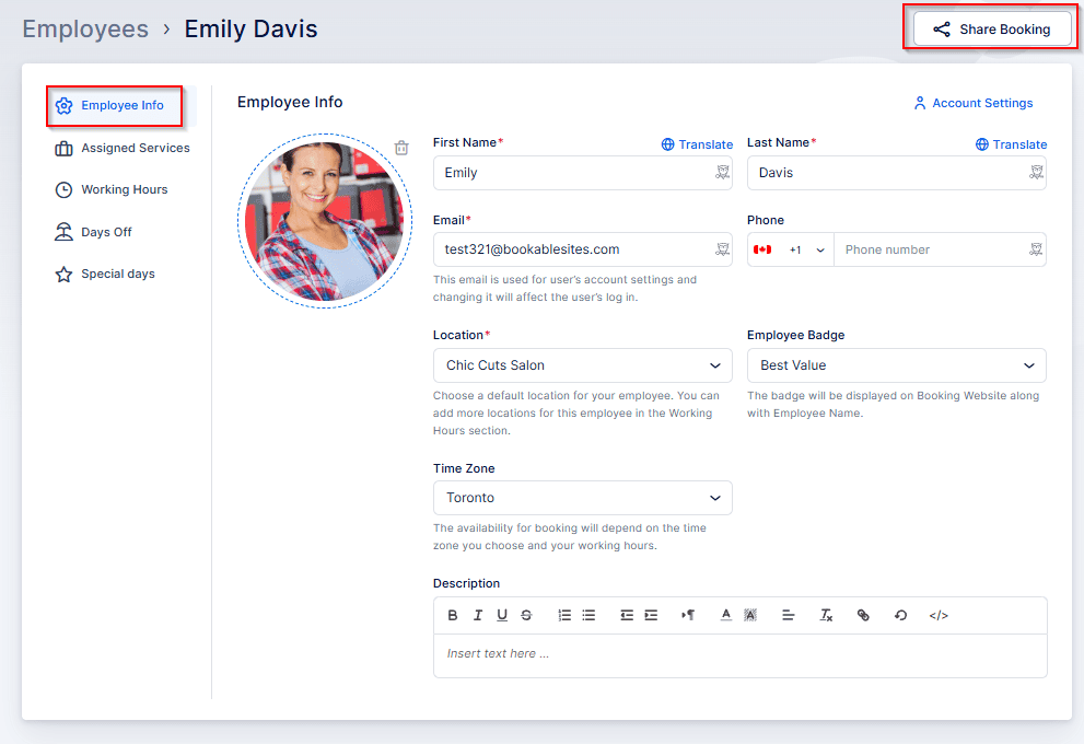 Screenshot of an employee profile page for Emily Davis, showing personal and work details, location, and options such as "Share Booking" and navigation tabs on the left.