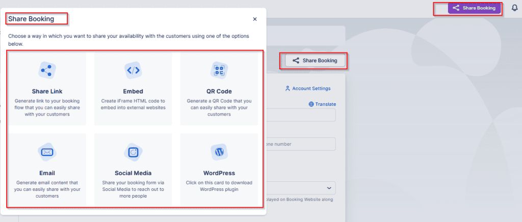 Share Booking options window showing six methods to share a booking: Share Link, Embed, QR Code, Email, Social Media, and WordPress; "Share Booking" button highlighted.
