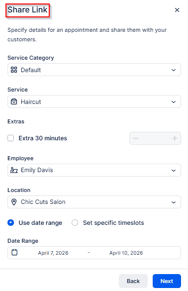 Appointment scheduling form with fields for service category, service, extras, employee, location, and date range; "Share Link" is highlighted at the top.