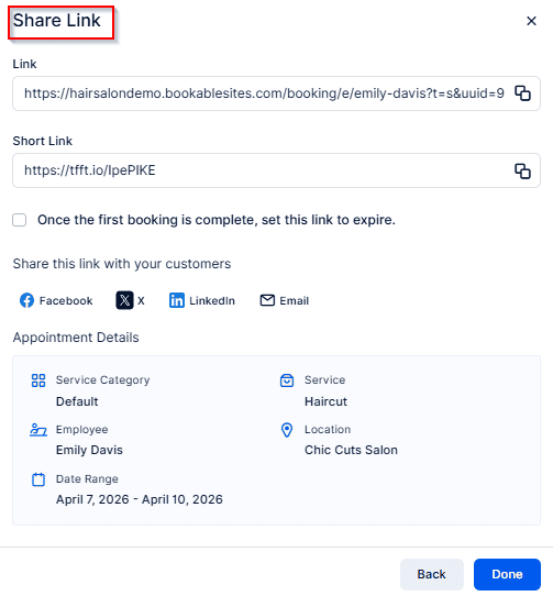 Appointment booking details page with options to share a booking link via social media or email, showing service, employee, location, and appointment date information.