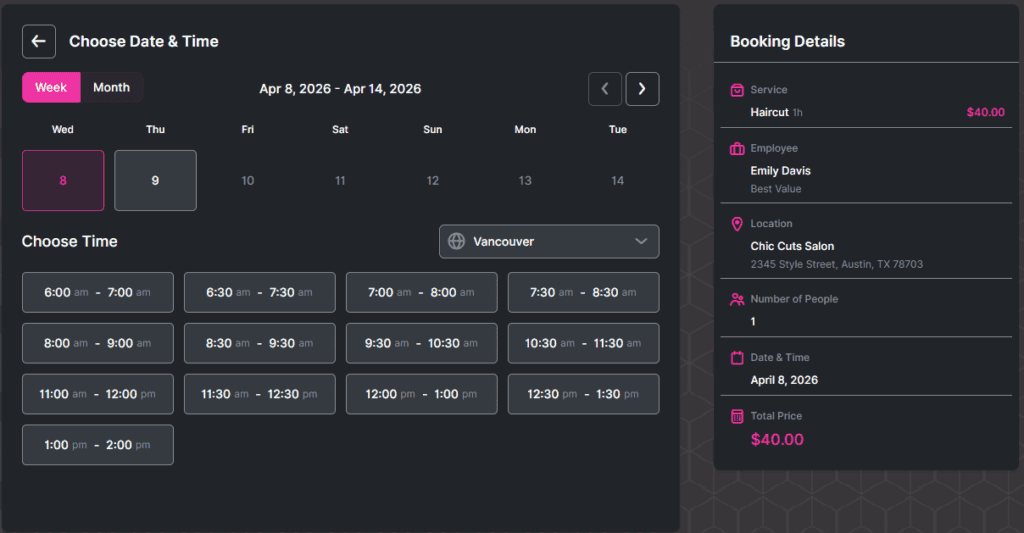 Online booking interface for a haircut appointment showing selected date, time slots, service details, employee, location, and total price of $40.00.