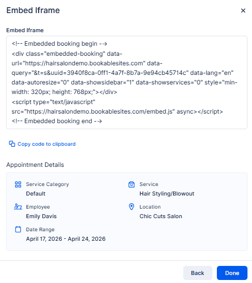 Screenshot of an online booking interface showing an embed code for a hair styling service appointment with Emily Davis at Chic Cuts Salon, with date range April 17, 2024, to April 24, 2026.