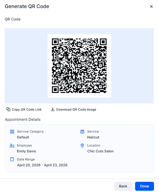 A QR code is displayed with appointment details for a haircut service by employee Emily Davis at Chic Cuts Salon, scheduled from April 20, 2026 to April 23, 2026.