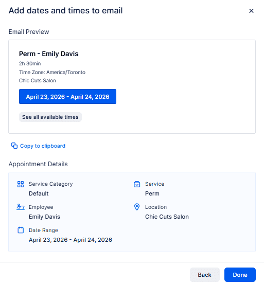 A scheduling interface shows an email preview for a perm appointment with Emily Davis at Chic Cuts Salon from April 23 to April 24, 2026, with timezone and service details.