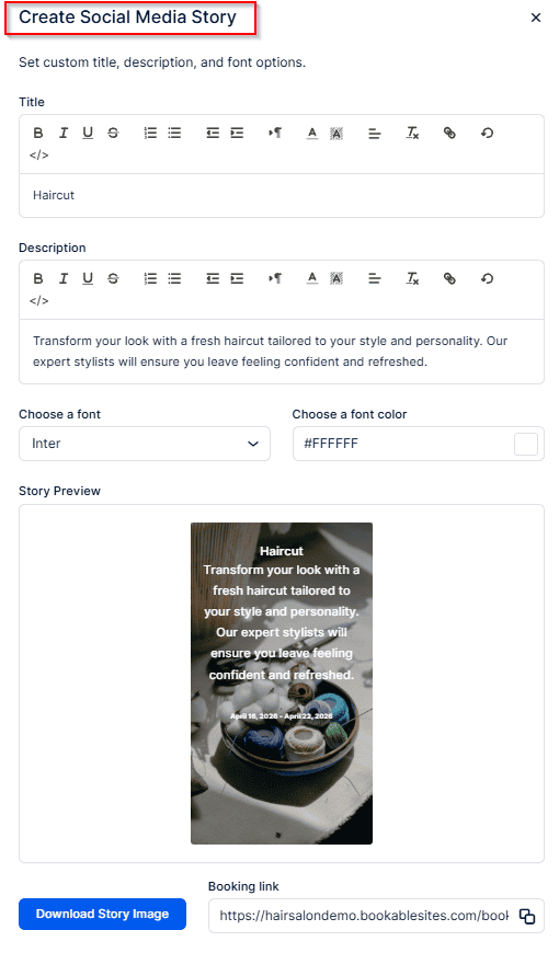 A webpage interface for creating a social media story, showing fields for title, description, font options, and a preview with a haircut image and text overlay.