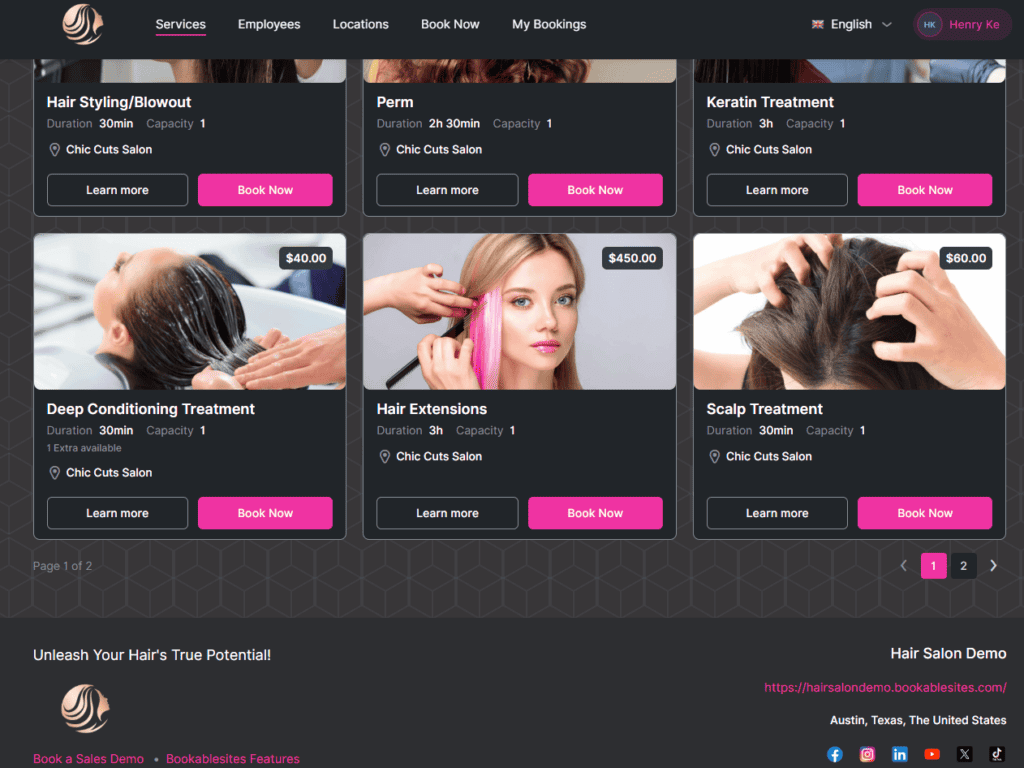 A booking webpage displays various hair salon services with images, prices, durations, capacities, and "Book Now" buttons, including styling, perm, keratin, extensions, and treatments.