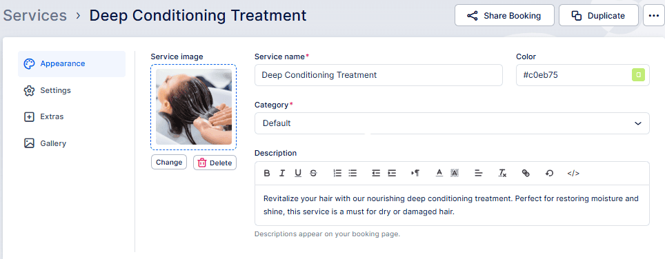 Screenshot of a service booking page for "Deep Conditioning Treatment" showing service image, name, color code, category, and a description field highlighting hair nourishment benefits.